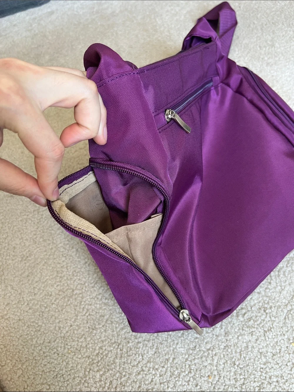 Compact Purple Crossbody Bag with Triple Front Zips